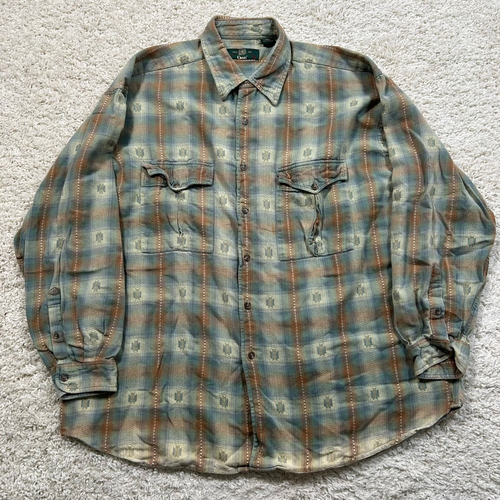 Vintage Orvis Button Down Shirt XXL Green Plaid Southwestern Flannel Cotton